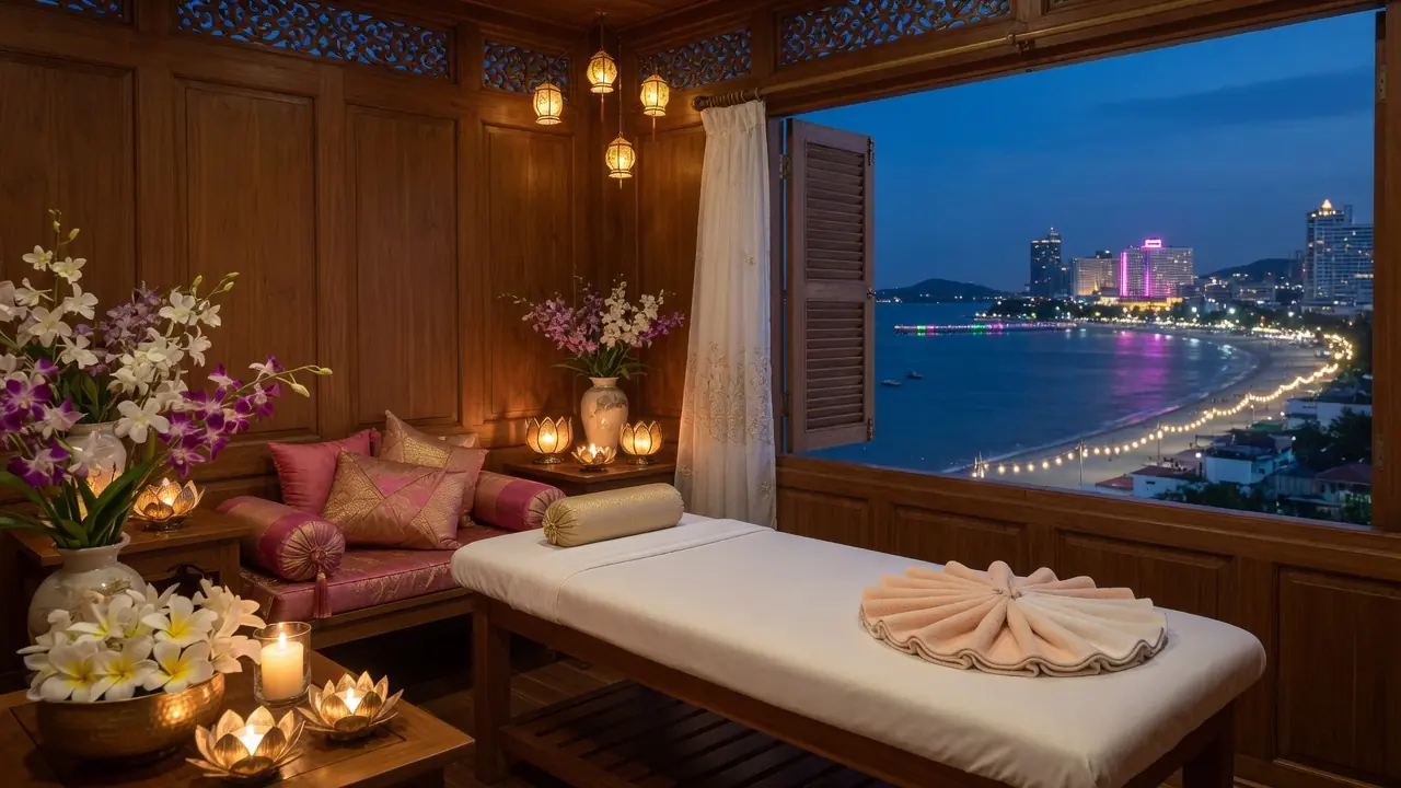 Erotic massage Pattaya: an empty Thai massage room with orchids, lotus candles and pink silk cushions, the window open on Pattaya Bay at dusk